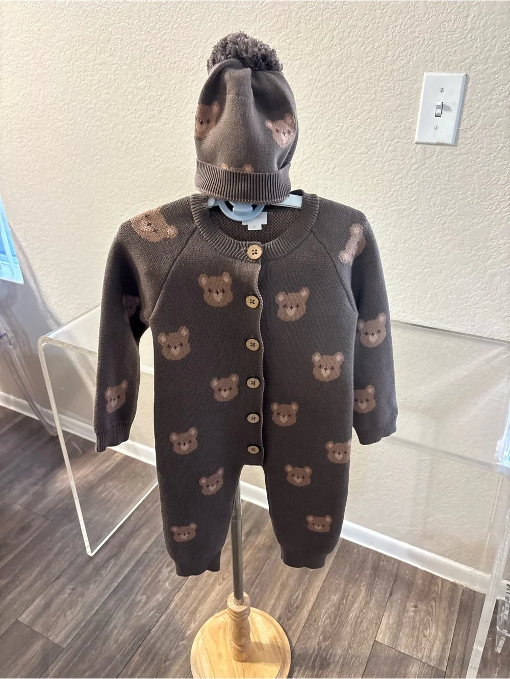 Jamie Kay Brown Teddy Bear Knit One-Piece with Pom Beanie